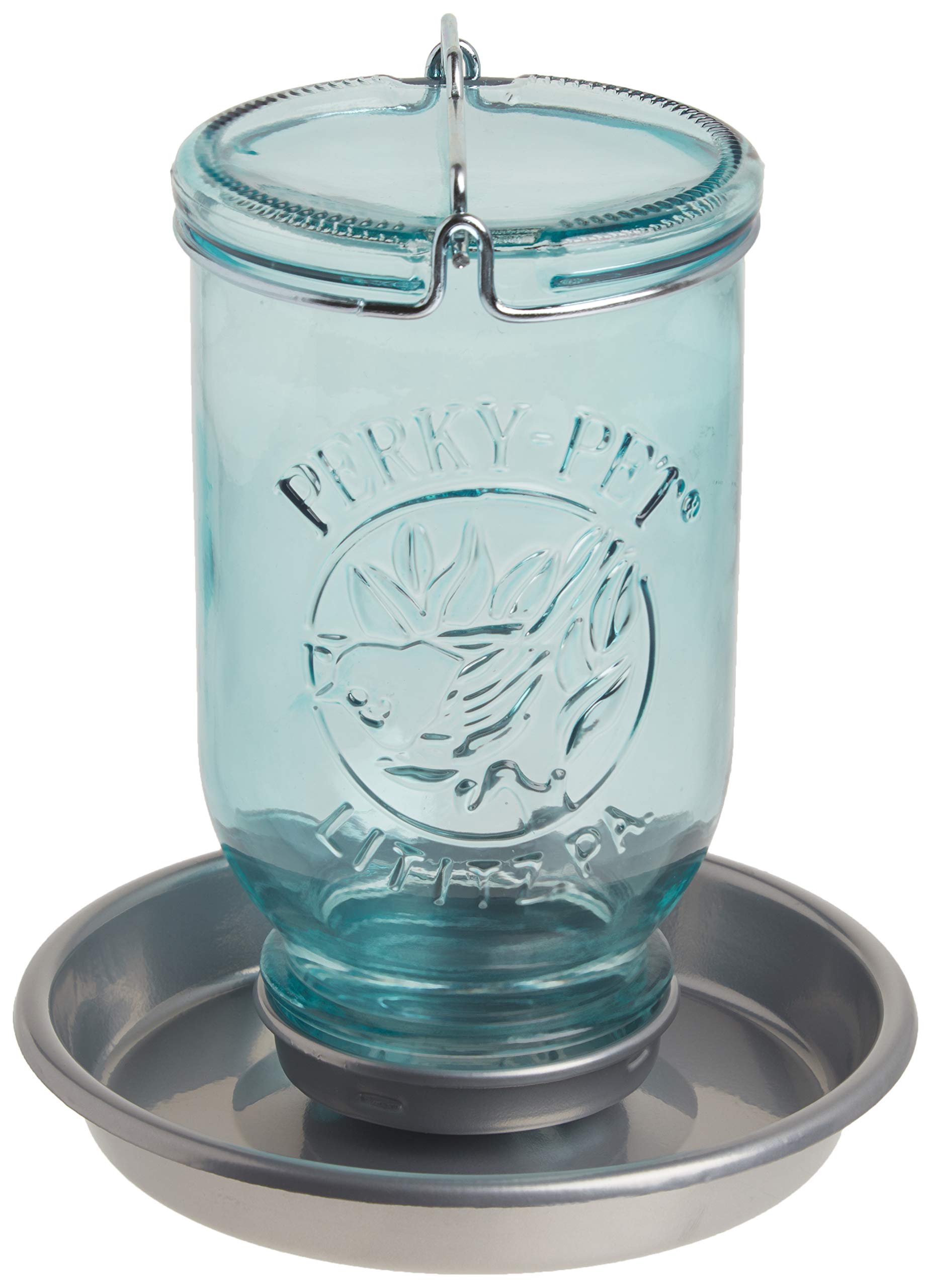 Perky-Pet mason jar waterer blue bottle for easy backyard bird hydration.