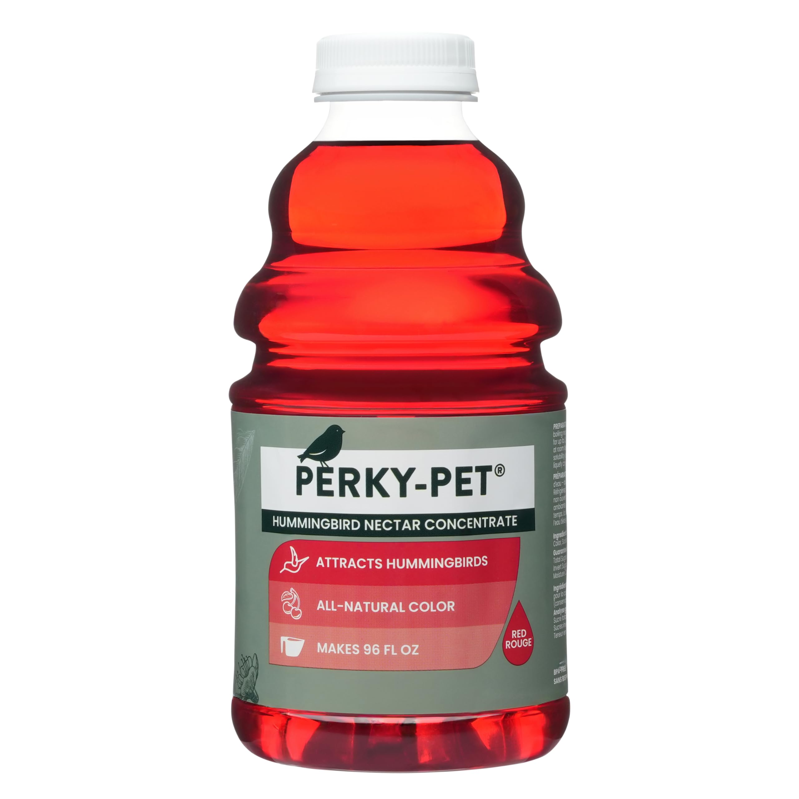 Perky-Pet nectar concentrate bottle on the counter, easy mixing for feeders.