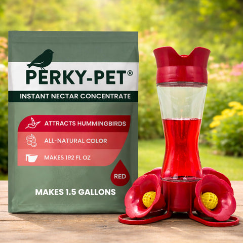 Perky-Pet nectar powder beside feeder promises versatile use across settings.
