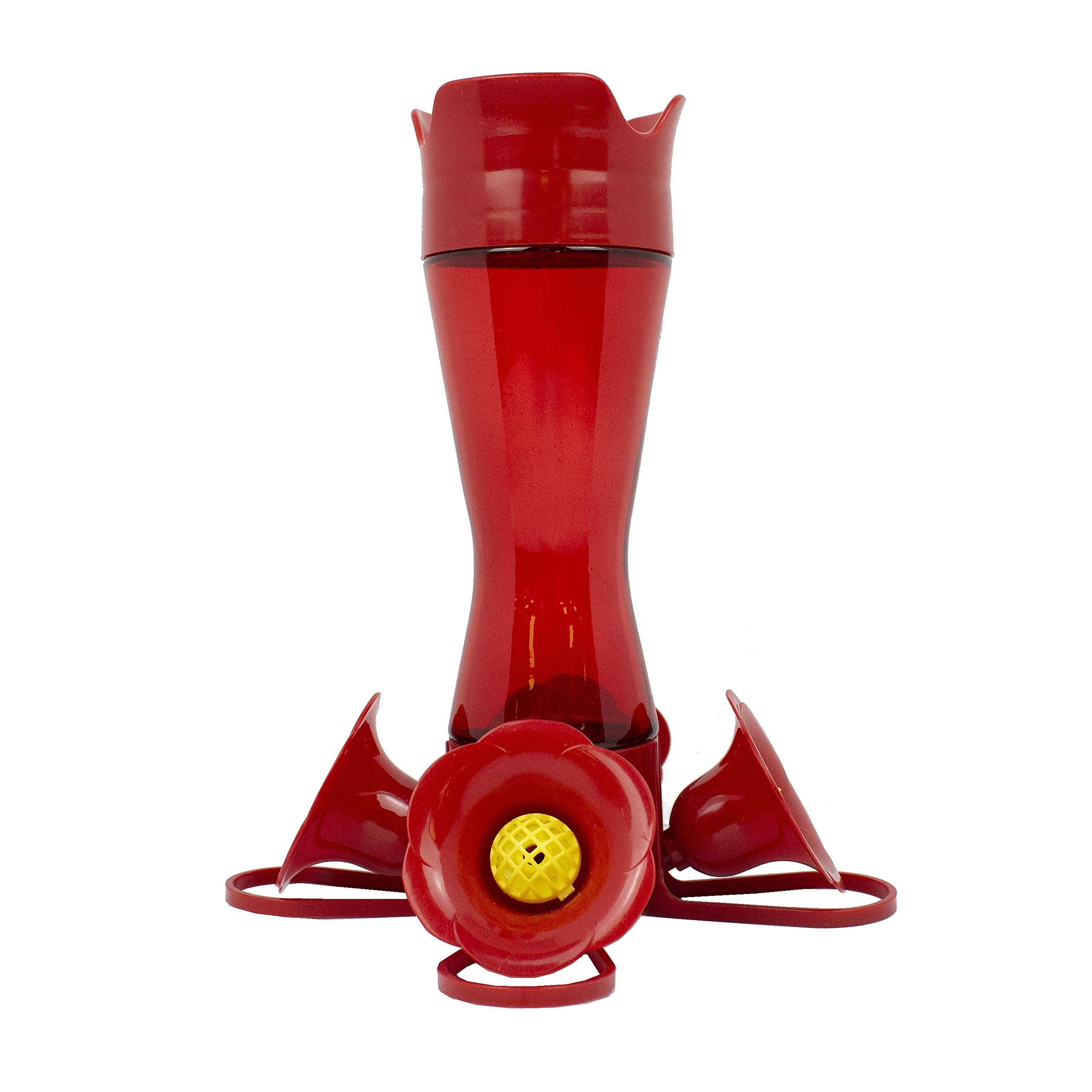 Perky-Pet red hummingbird feeder with pinch-waist bottle for easy filling.