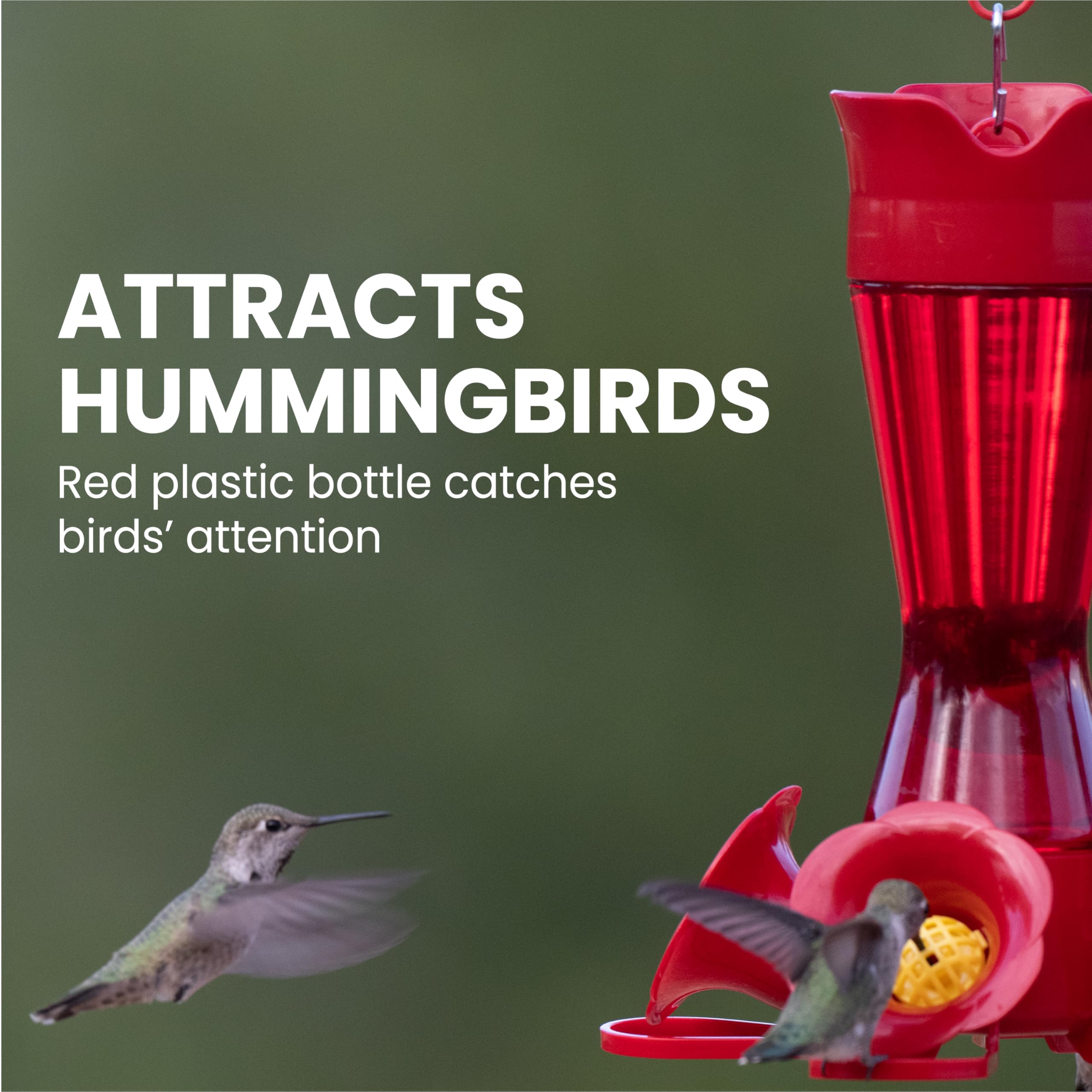 Perky-Pet red feeder shows wide mouth for simple refilling.