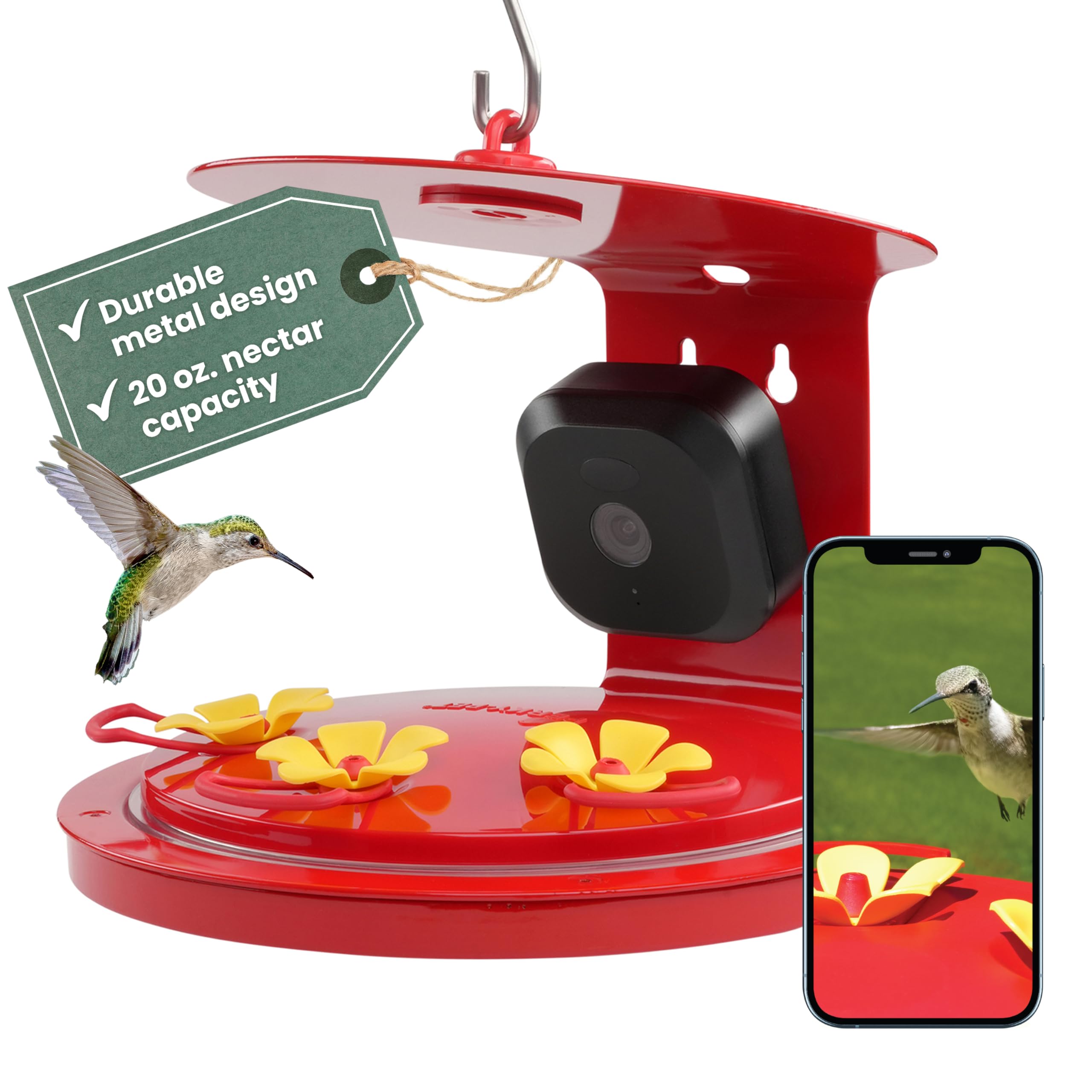 Perky-Pet Smart Bird Feeder camera front view for real-time hummingbird watching