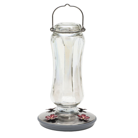 Perky-Pet Starglow vintage glass feeder bottle enhances outdoor decor while attracting hummingbirds.