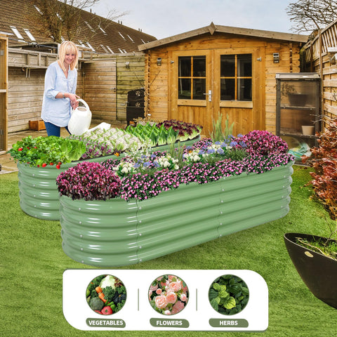 Permade green raised bed in a garden setting.