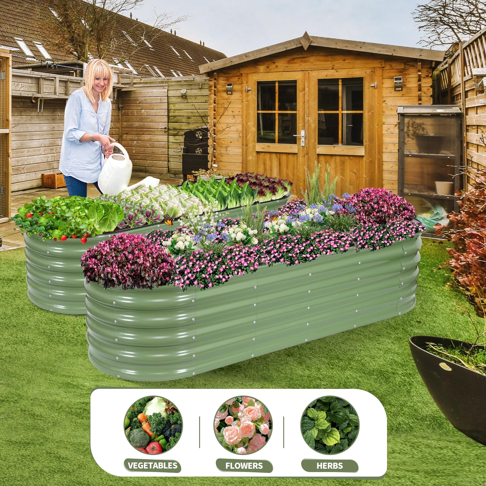Permade raised bed in-use with vegetables and herbs growing.
