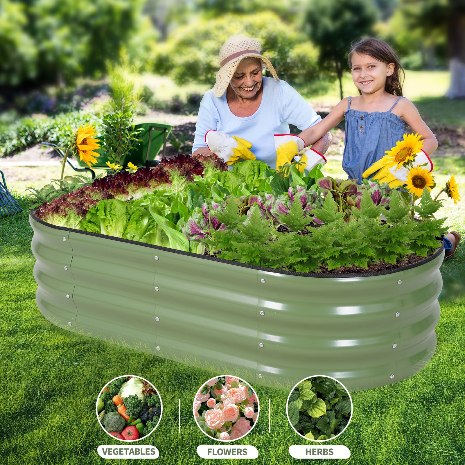 Permade raised bed in use with vegetables and herbs.