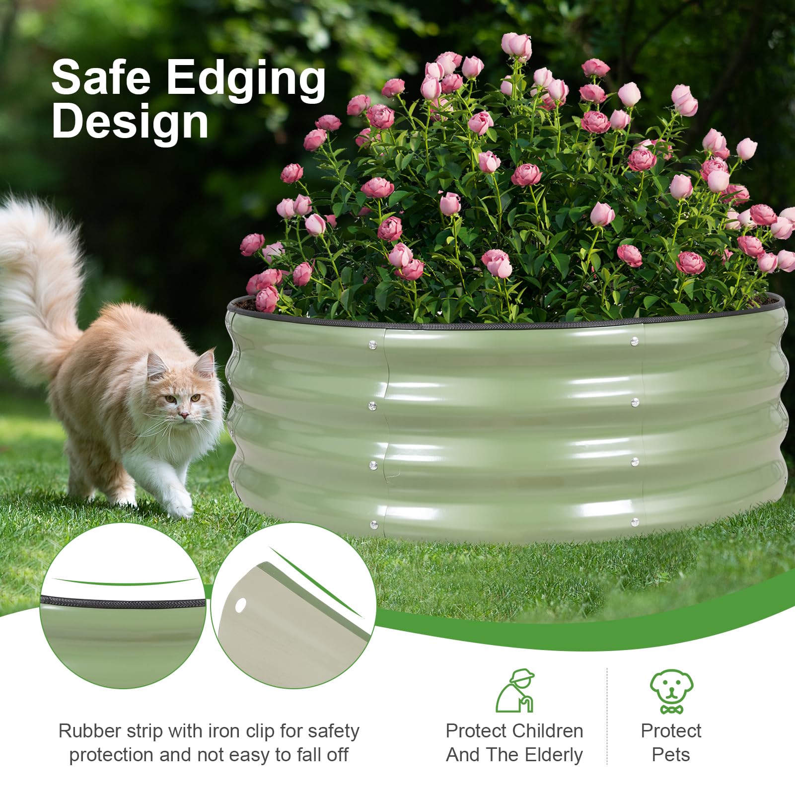 Permade round design galvanized bed highlighting even surface for plants.
