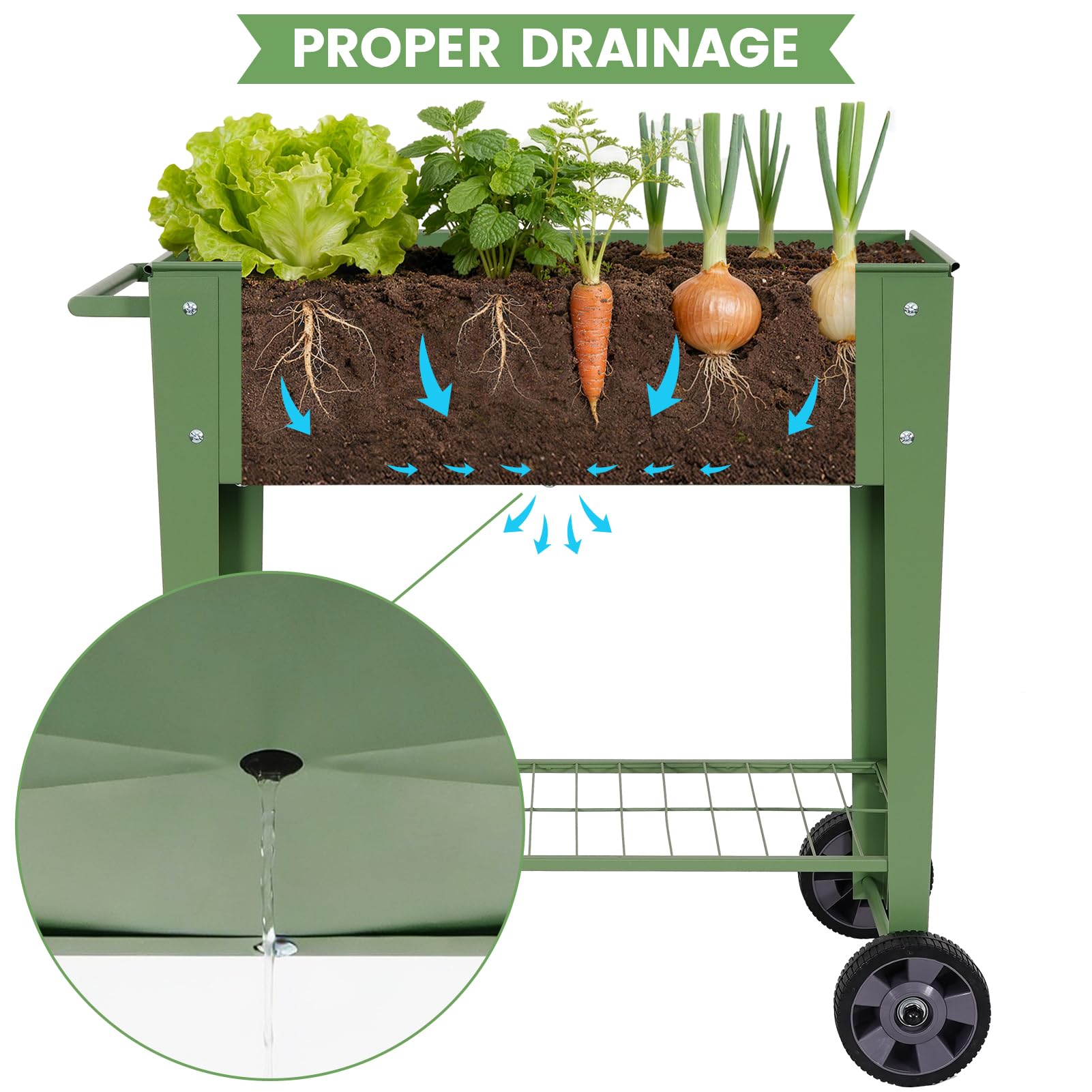 Permade lower shelf stores tools and pots within reach during gardening