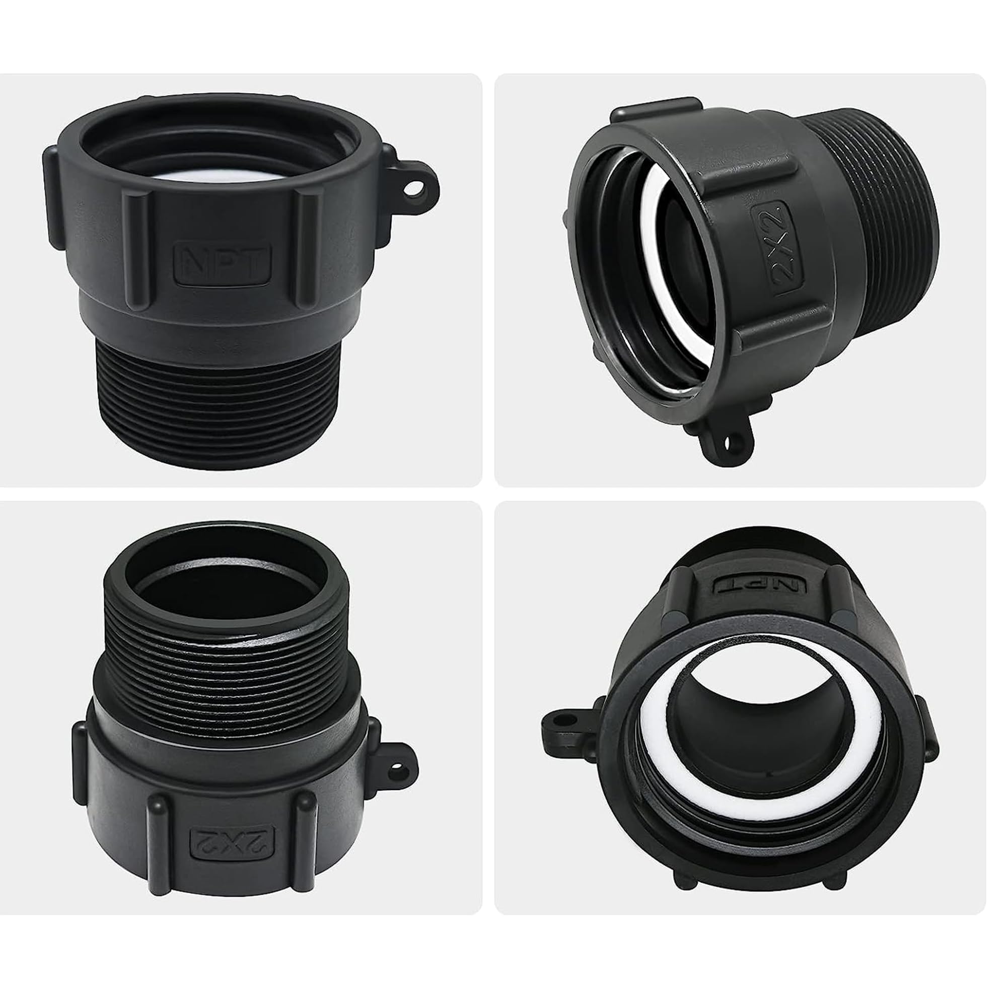 PERMINKS tote adapter installation image highlighting easy 275–330 gallon tote compatibility.