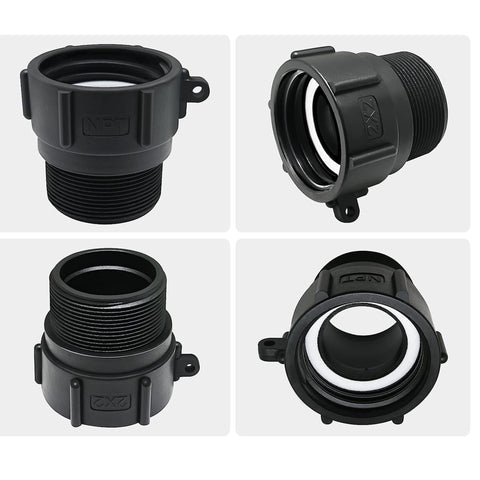 PERMINKS tote adapter installation image highlighting easy 275–330 gallon tote compatibility.