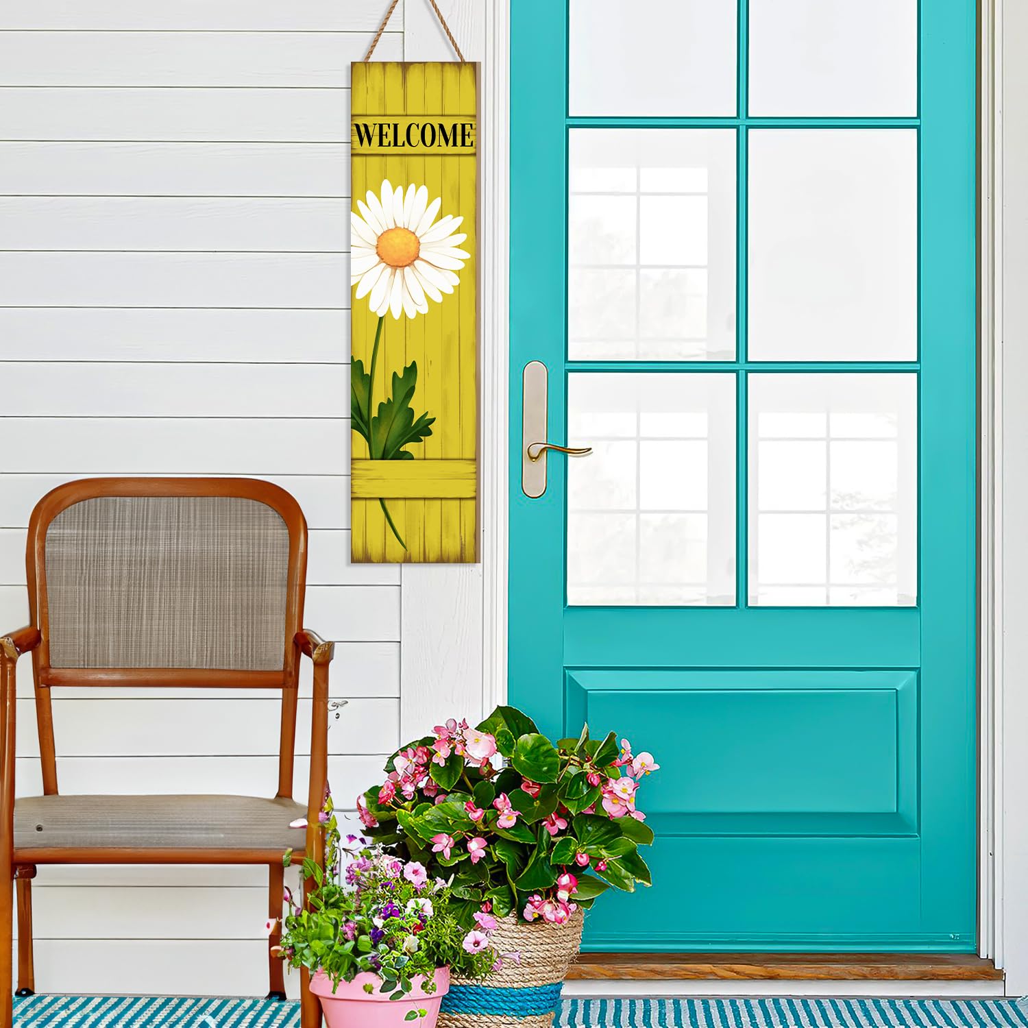 PEROUU Front door decor sign on yellow board invites warm welcomes