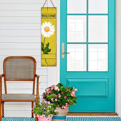 PEROUU Front door decor sign on yellow board invites warm welcomes