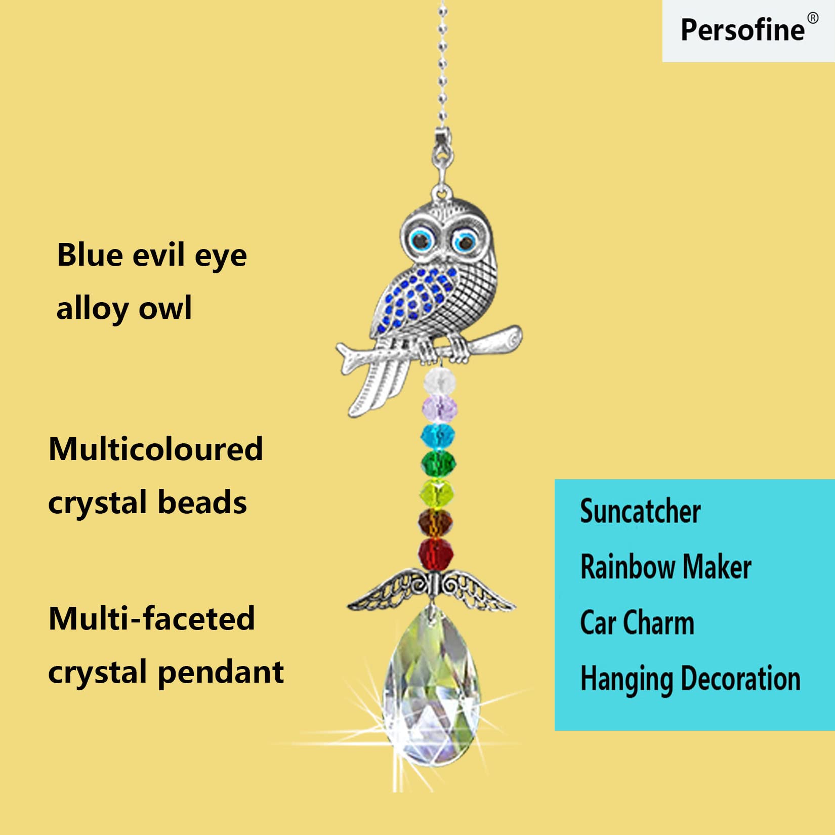 Persofine blue crystal owl pendant with wings sparkles in sunlight for home decor
