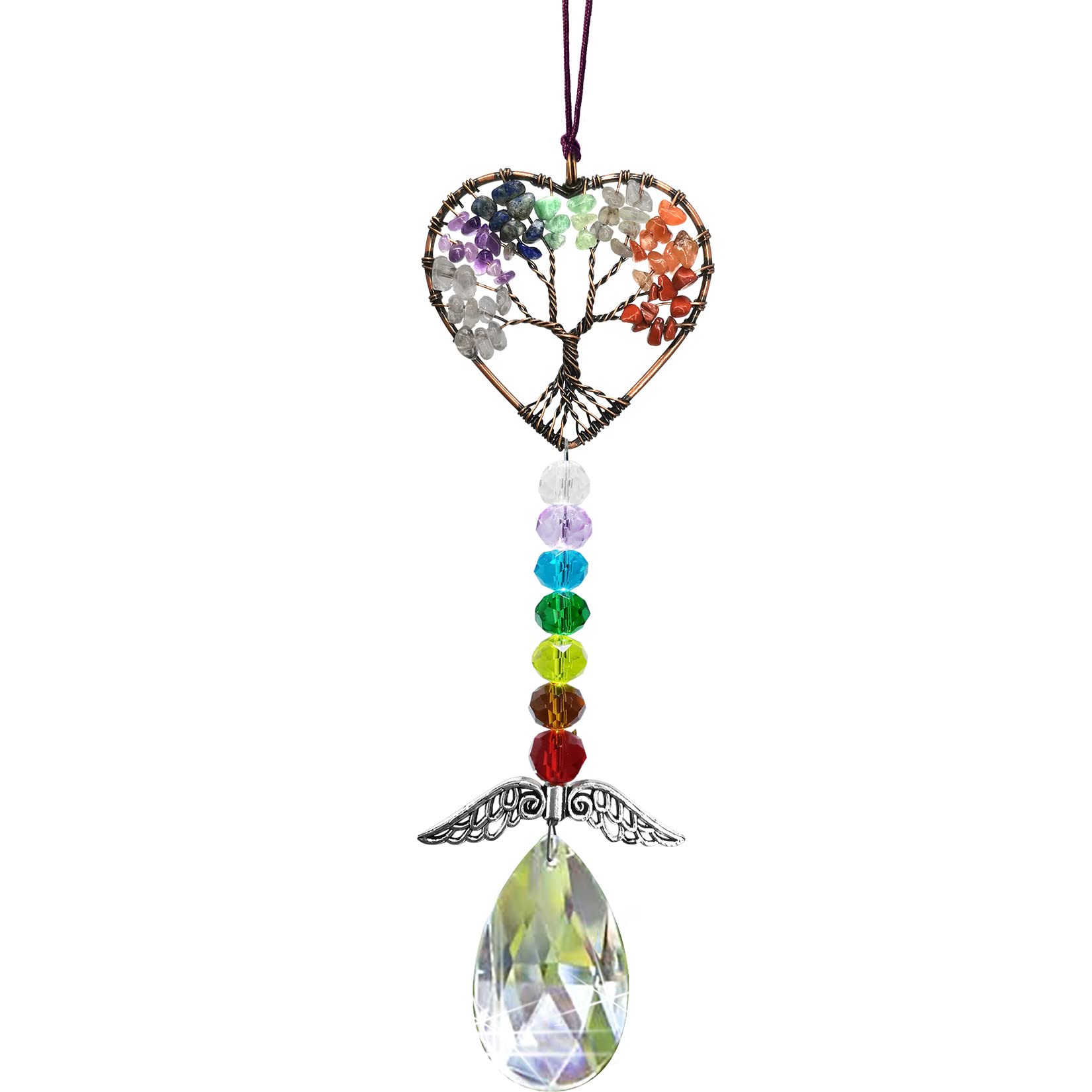 Persofine healing crystal tree of life car hanging with wings shines in sunlight for a vibrant car ambiance.