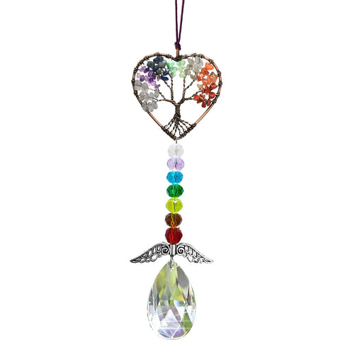 Persofine healing crystal tree of life car hanging with wings shines in sunlight for a vibrant car ambiance.