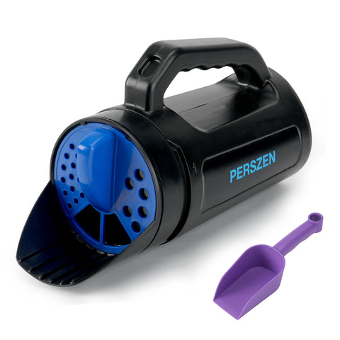 PERSZEN handheld spreader spreading seed for even lawn coverage.