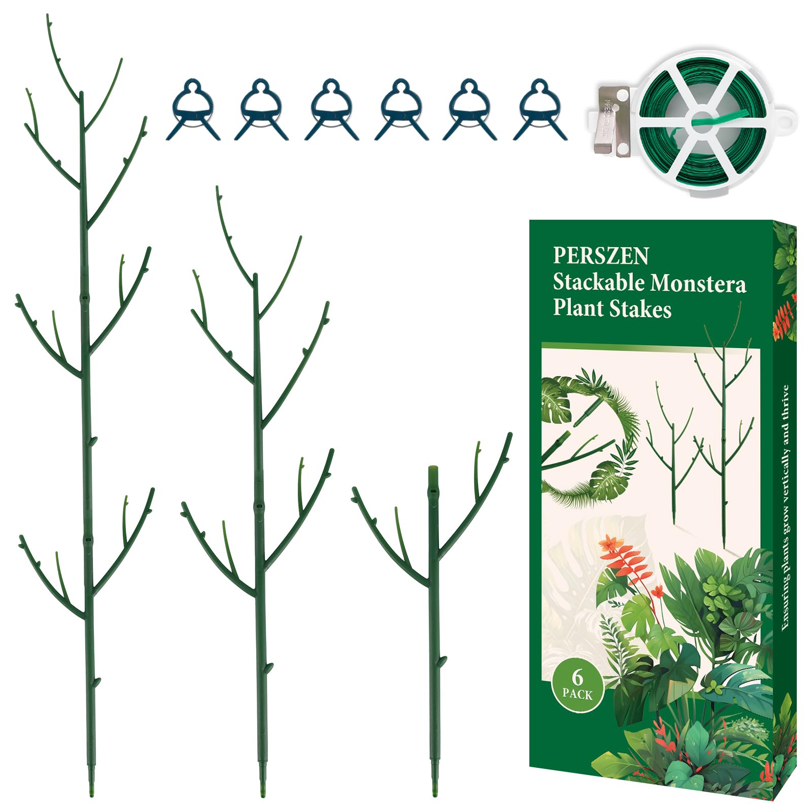 PERSZEN Monstera plant support stackable 6-pack provides discreet, sturdy growth support.