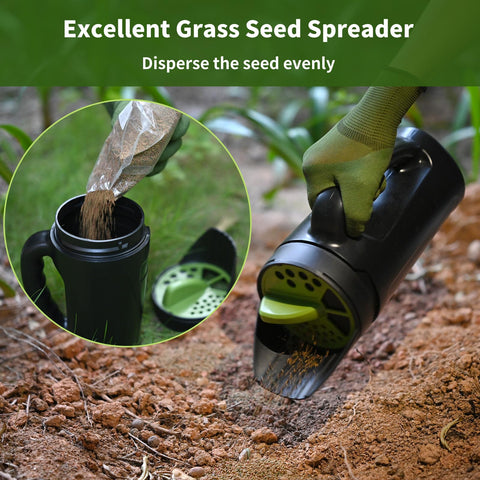 PERSZEN seed spreader adjustable openings close-up with three sizes.