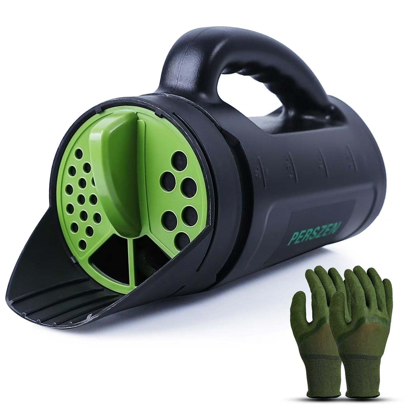 PERSZEN seed spreader handheld showing full-cap design for even distribution.