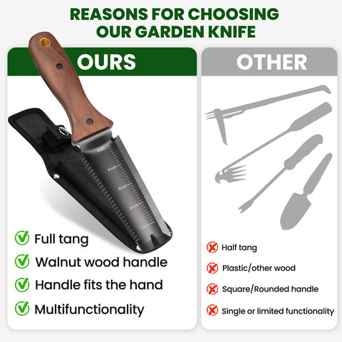 PERWIN belt-loop sheath enables hands-free carrying during gardening.