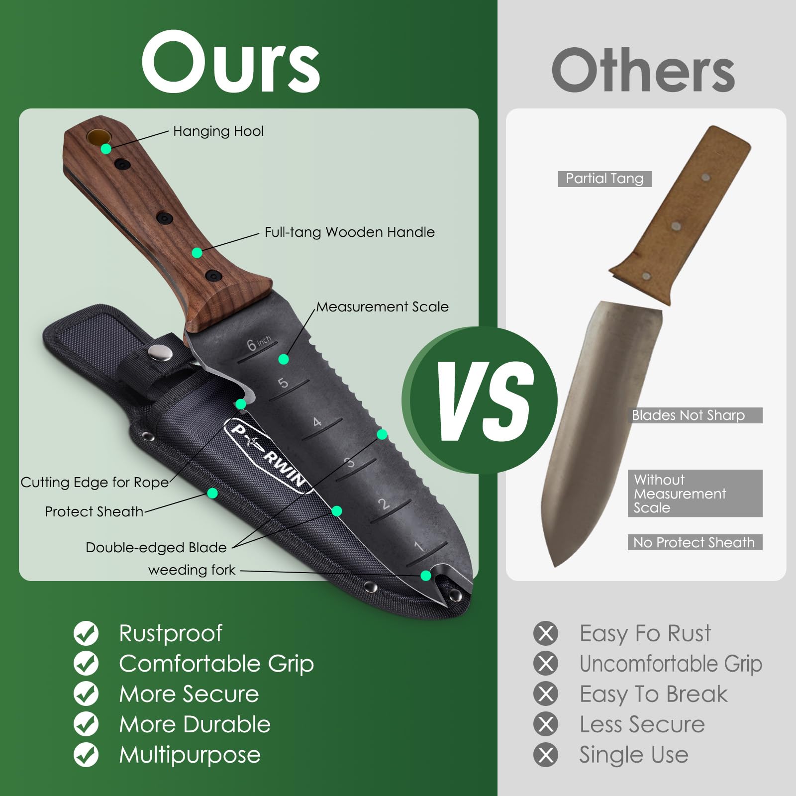 PERWIN Hori Hori depth measurement on blade aids accurate planting.