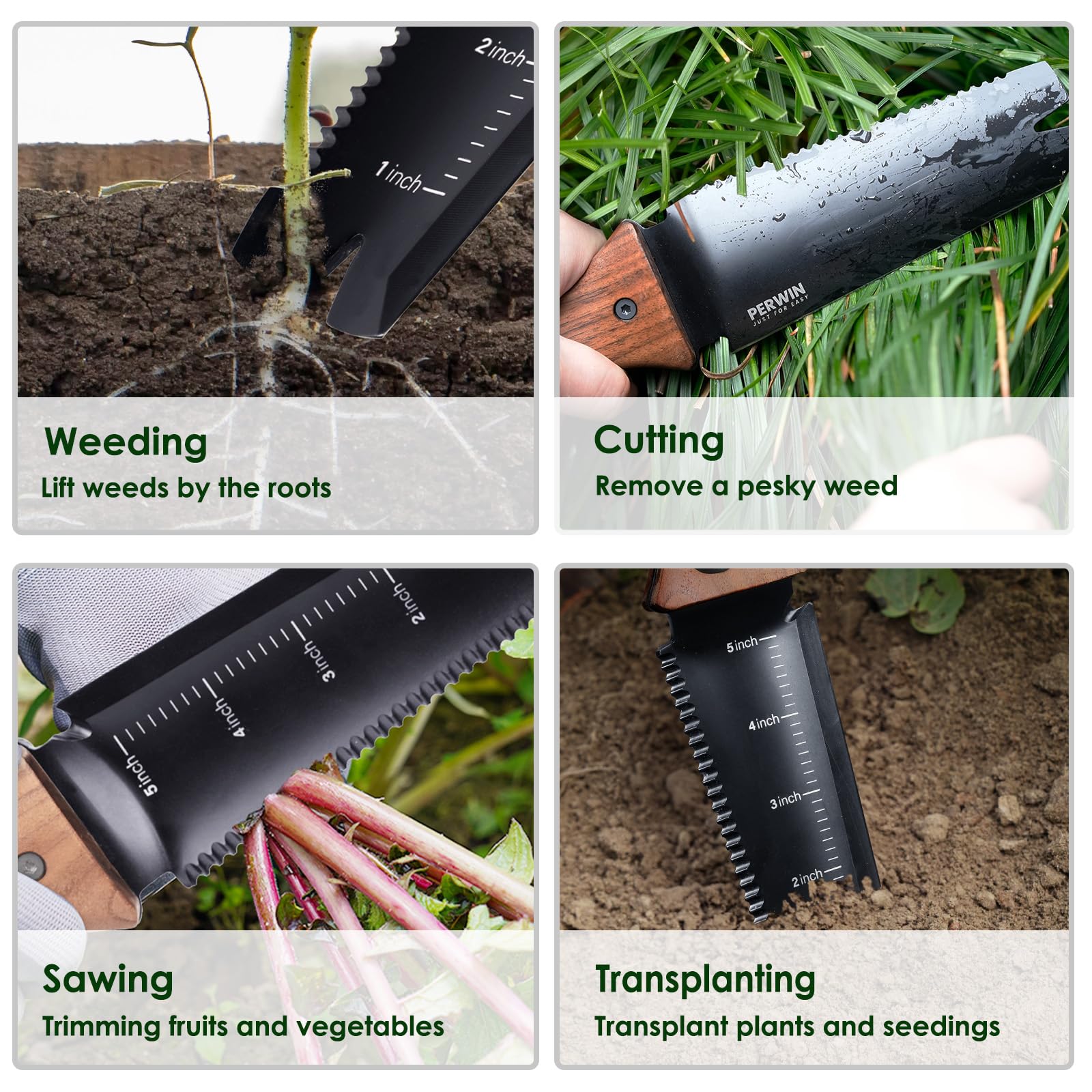 PERWIN Hori Hori full-tang construction ensures strength and durability.