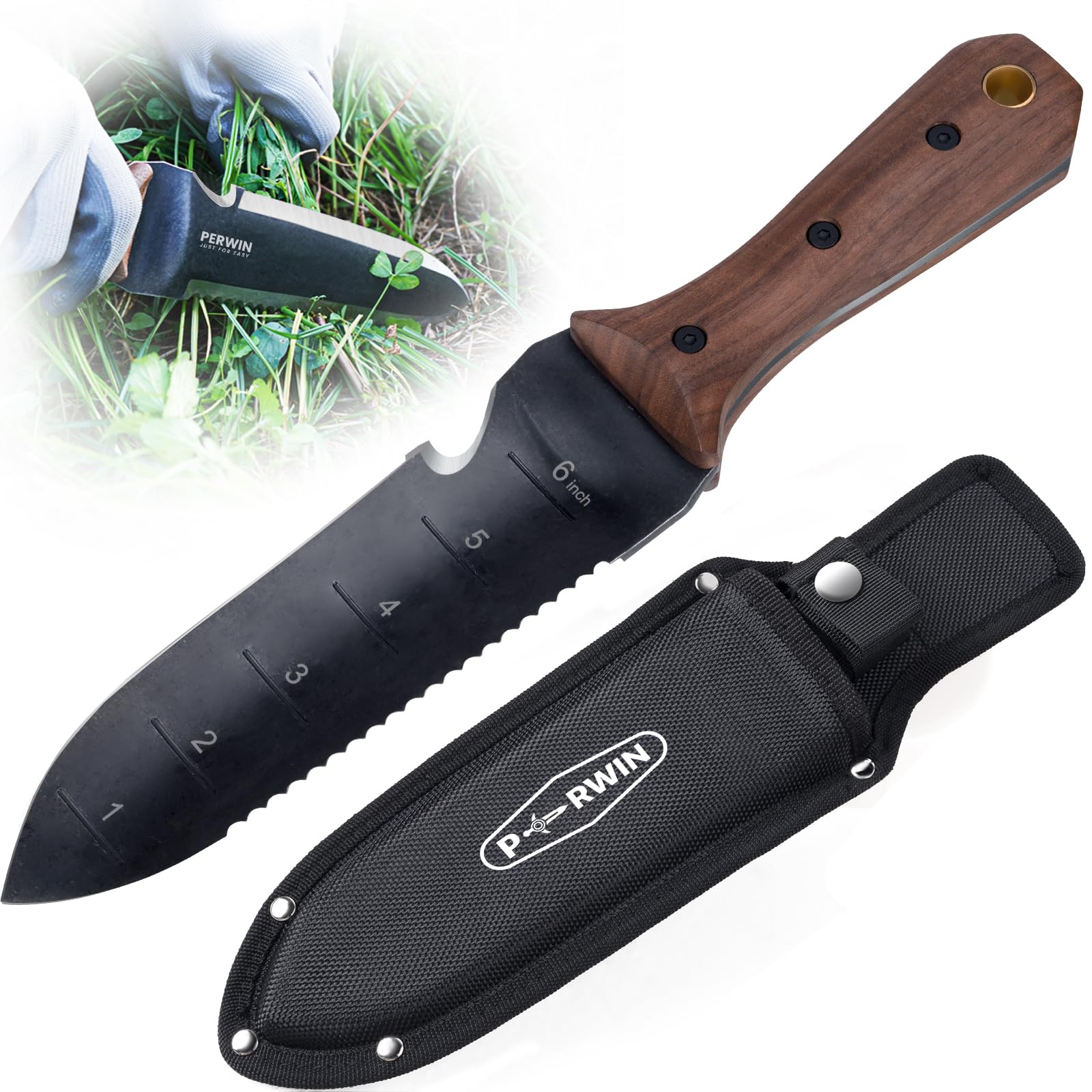 PERWIN Hori Hori Garden Knife blade close-up shows sharp edge for precise slicing and versatility