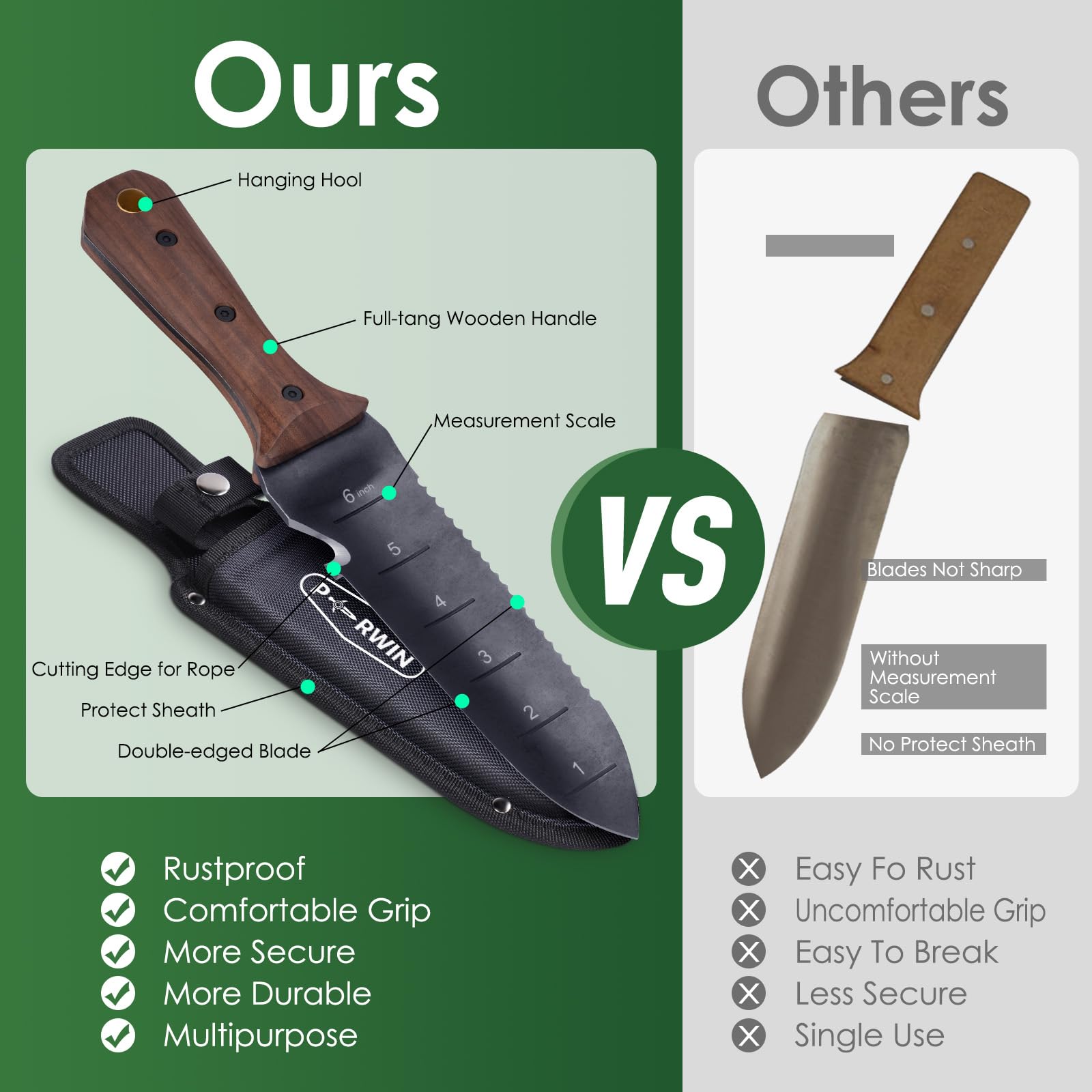 PERWIN Hori Hori Garden Knife depth marks help place plants accurately in soil