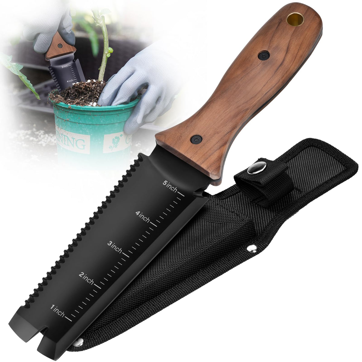 PERWIN Hori Hori garden knife with serrated blade for weeding and cutting.