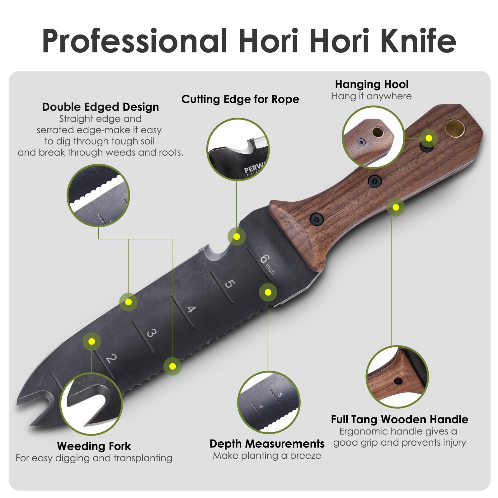 PERWIN Hori Hori knife wood handle demonstrates full tang for comfortable grip.