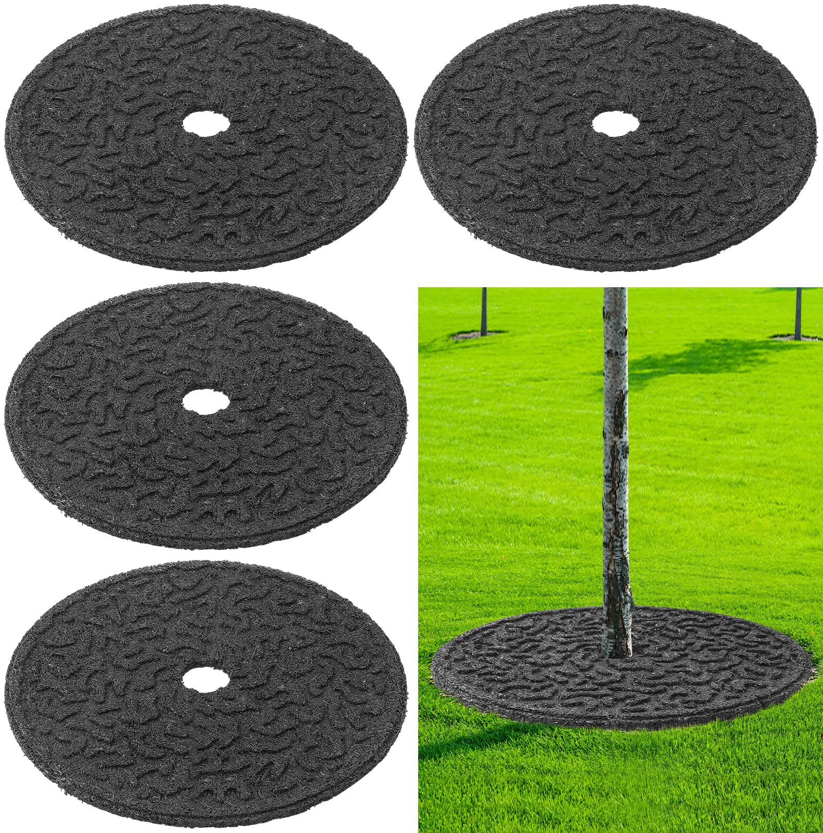 Peryiter rubber mulch ring around a tree for weed suppression and water access