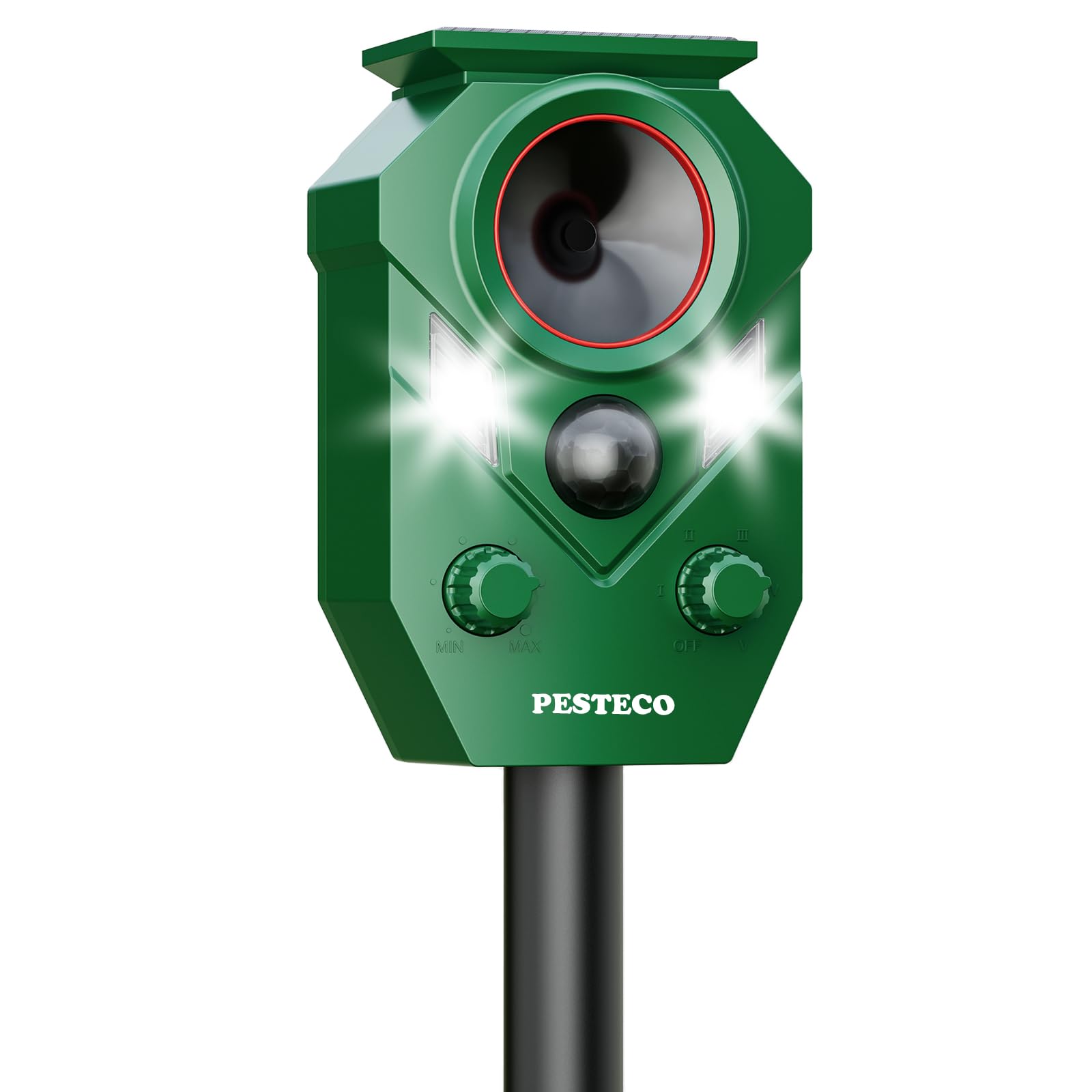 PESTECO solar animal repellent front view deterring yard pests with wide coverage
