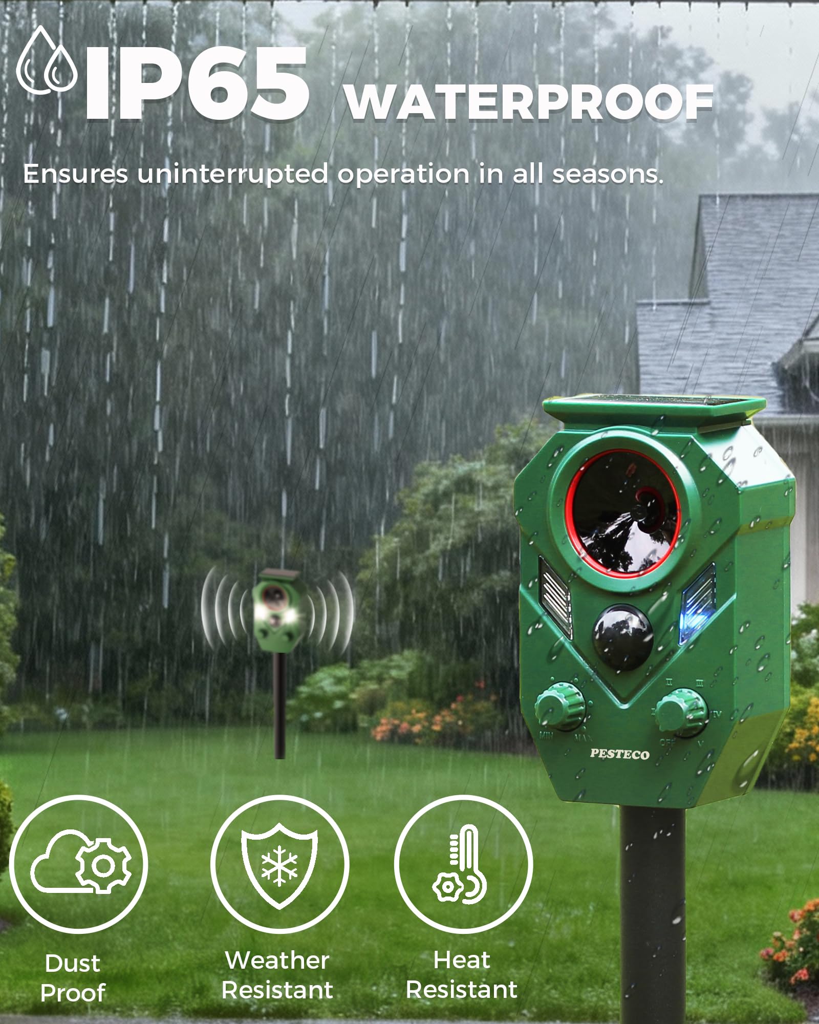 PESTECO IP65 waterproof unit withstands rain and snow while deterring animals