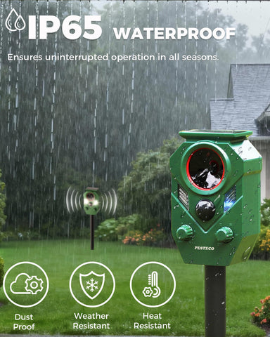 PESTECO IP65 waterproof unit withstands rain and snow while deterring animals