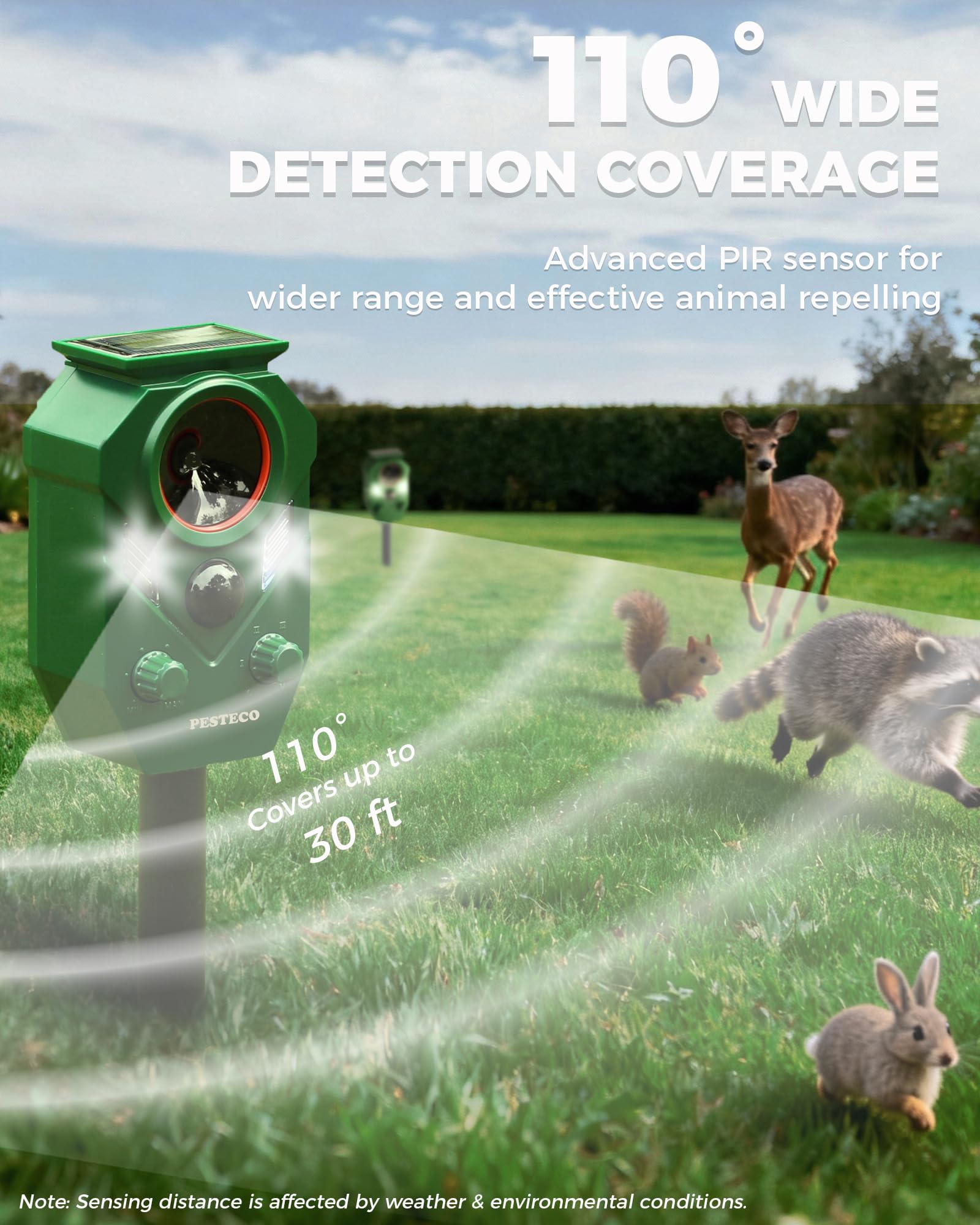 PESTECO solar repellent with PIR sensor activates on motion to deter wildlife