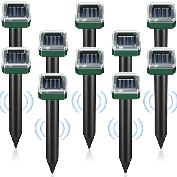 PestMentor Solar Mole Repellent Stakes protecting flower beds in bright sunlight