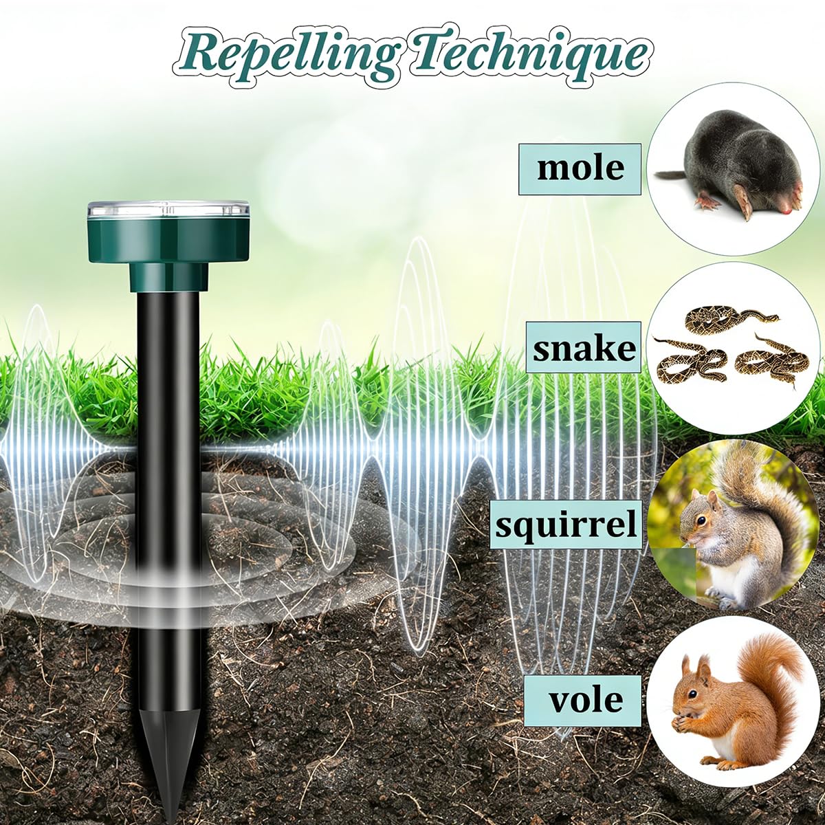 PestMentor ultrasonic snake deterrent ground spike installed outdoors