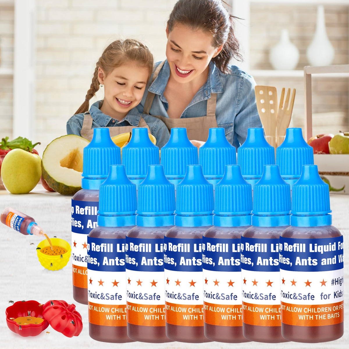 Pestvanish fruit fly refill liquid 12-pack shown in front view for continuous indoor use