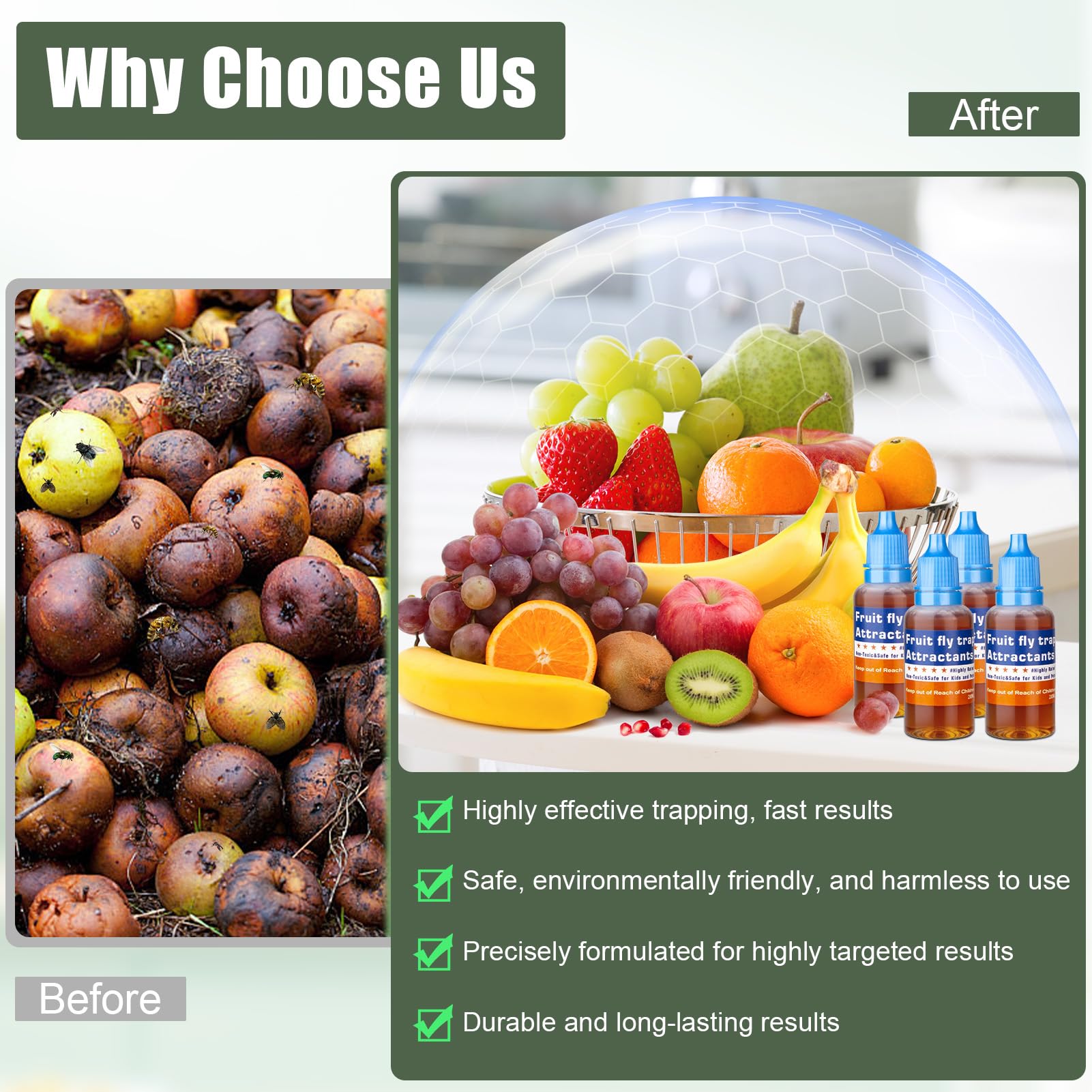 Pestvanish fruit fly trap refill liquid near fruits protects food prep areas.