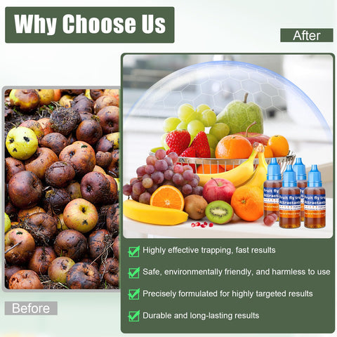 Pestvanish fruit fly trap refill liquid near fruits protects food prep areas.