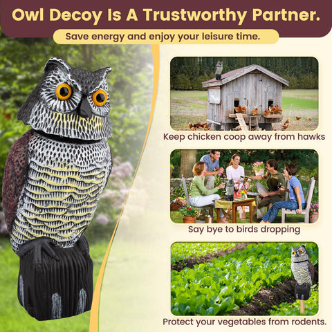 Pestvanish owl decoy with waterproof finish protects garden plants in all weather