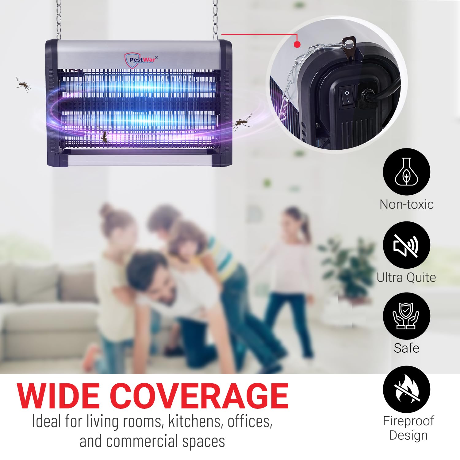 PestWar zapper in kitchen setting demonstrates indoor insect control.