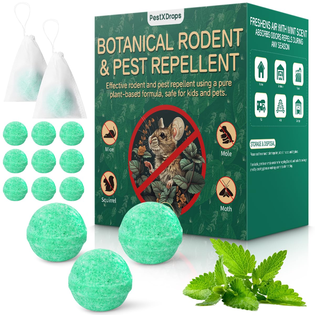 PestXDrops rodent balls packaging demonstrates ready-to-use natural pest control.