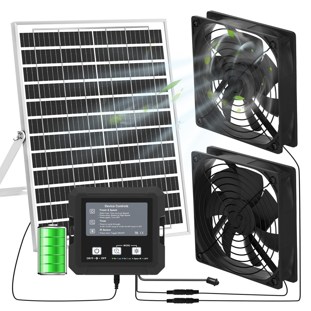 Pet Deluxe 25W solar fan for coop with built-in battery powering night airflow.