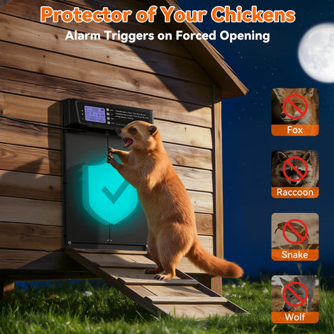 Pet Deluxe anti-pinch and predator-proof aluminum door provides strong protection for your coop.
