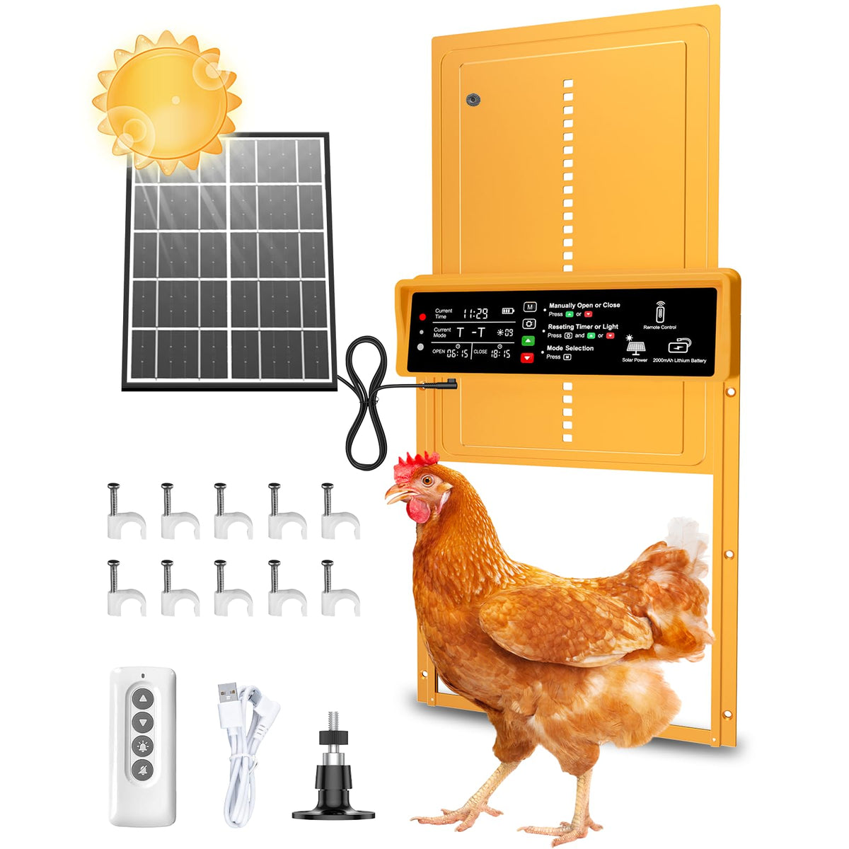 Pet Deluxe automatic door gold front view demonstrates durable solar powered operation for poultry.