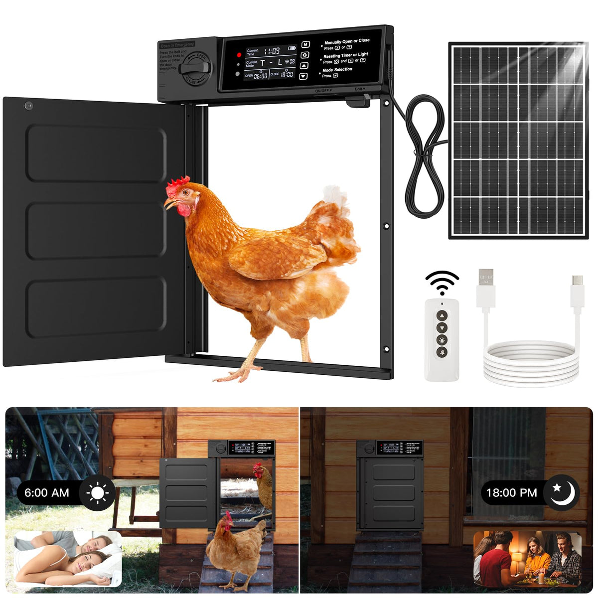 Pet Deluxe automatic door with solar panel for reliable coop access in remote locations.