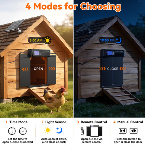 Pet Deluxe chicken door with four mode options for precise scheduling and dawn-to-dusk operation.