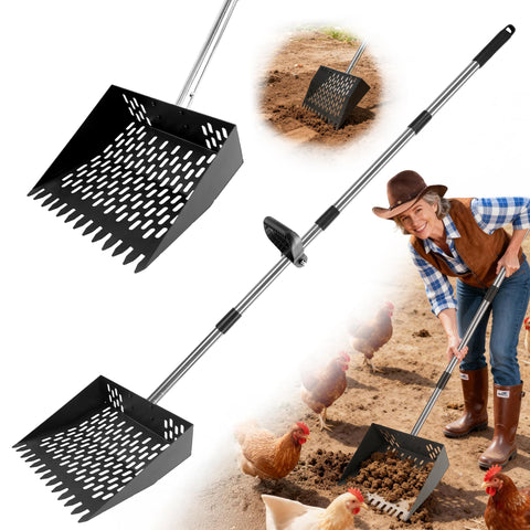 PETDOTT 2-in-1 scoop-and-rake for fast coop cleanup and debris separation.