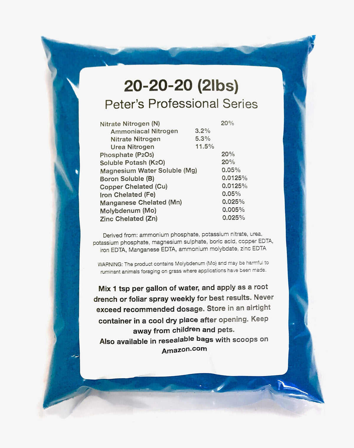 Peter's Professional 20-20-20 bag front shows balanced nutrition for healthy plant growth
